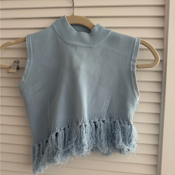 Hankfa Mikala Light Blue Sleeveless Knit Top with Fringe - Picture 1 of 4